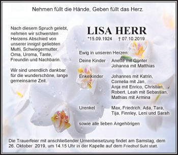 Traueranzeige von Lisa Herr von Südthüringer Presse