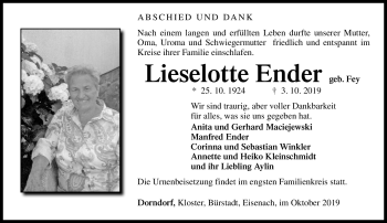 Traueranzeige von Lieselotte Ender von Südthüringer Presse