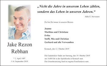 Traueranzeige von Jake Rebhan von Neue Presse Coburg