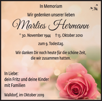 Traueranzeige von Marlies Hermann von Südthüringer Presse