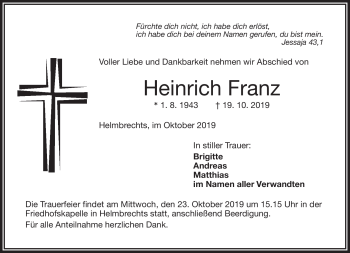 Traueranzeige von Heinrich Franz von Frankenpost
