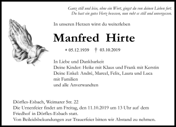 Traueranzeige von Manfred Hirte von Neue Presse Coburg