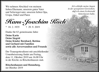 Traueranzeige von Hans-Joachim Koch von Südthüringer Presse