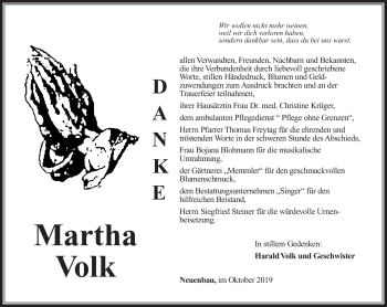 Traueranzeige von Martha Volk von Südthüringer Presse