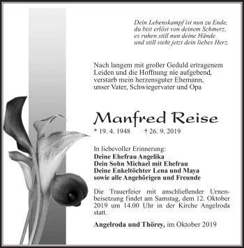 Traueranzeige von Manfred Reise von Südthüringer Presse