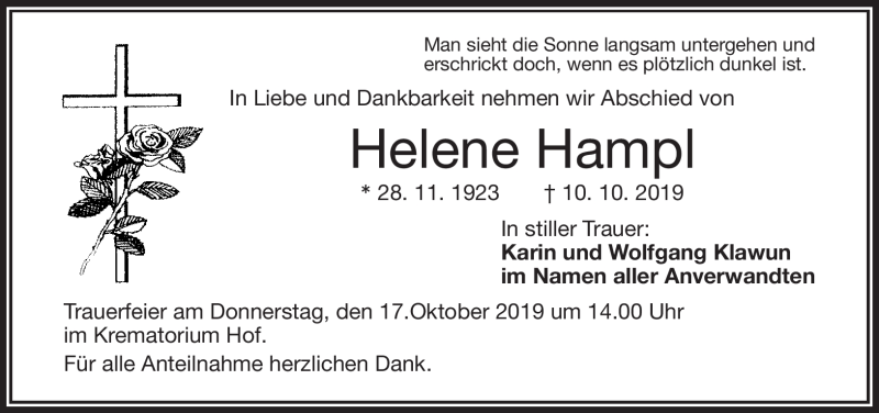  Traueranzeige für Helene Hampel vom 15.10.2019 aus Frankenpost