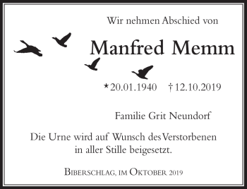 Traueranzeige von Manfred Memm von Südthüringer Presse