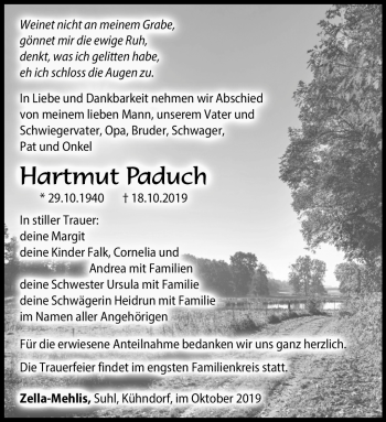 Traueranzeige von Hartmut Paduch von Südthüringer Presse