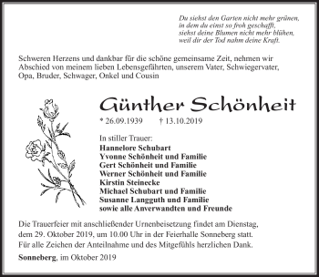 Traueranzeige von Günther Schönheit von Südthüringer Presse