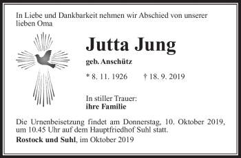 Traueranzeige von Jutta Jung von Südthüringer Presse