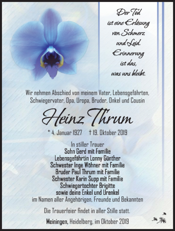 Traueranzeige von Heinz Thrum von Südthüringer Presse