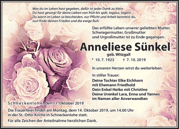 Traueranzeige von Anneliese Sünkel von Neue Presse Coburg
