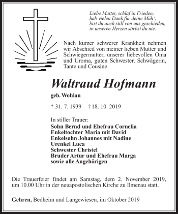 Traueranzeige von Waltraud Hofmann von Südthüringer Presse