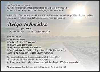 Traueranzeige von Helga Schneider von Südthüringer Presse