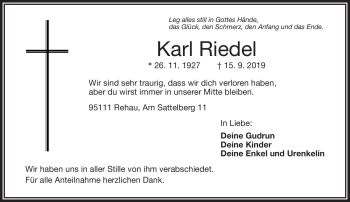 Traueranzeige von Karl Riedel von Frankenpost