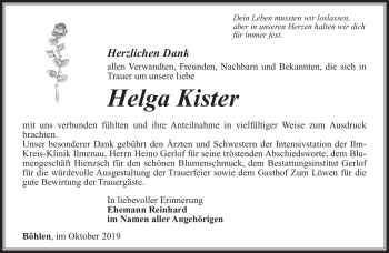 Traueranzeige von Helga Kister von Südthüringer Presse