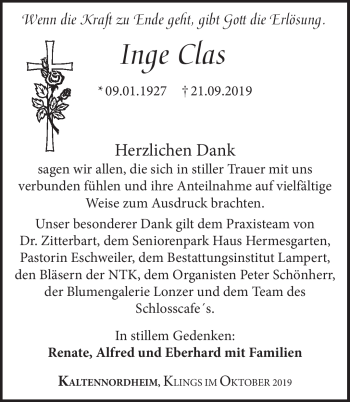 Traueranzeige von Inge Clas von Südthüringer Presse
