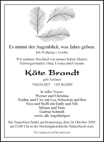 Traueranzeige von Käte Brandt von Südthüringer Presse