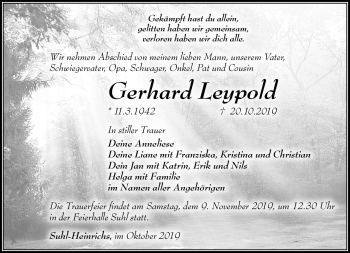 Traueranzeige von Gerhard Leypold von Südthüringer Presse