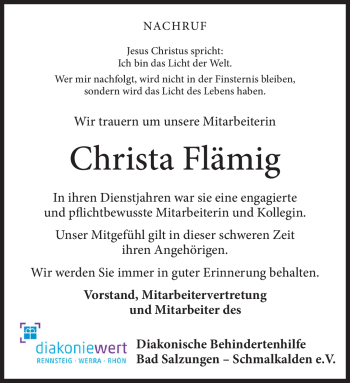 Traueranzeige von Christa Flämig von Südthüringer Presse