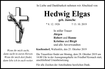 Traueranzeige von Hedwig Elgas von Neue Presse Coburg