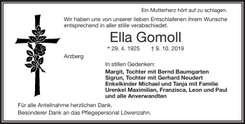 Traueranzeige von Ella Gomoll von Frankenpost