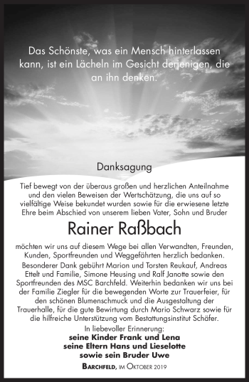 Traueranzeige von Rainer Raßbach von Südthüringer Presse