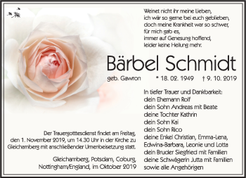 Traueranzeige von Bärbel Schmidt von Südthüringer Presse