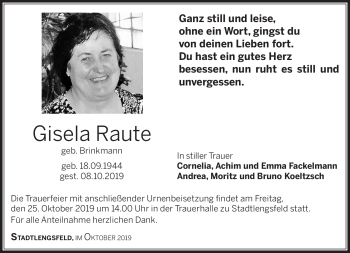 Traueranzeige von Gisel Raute von Südthüringer Presse
