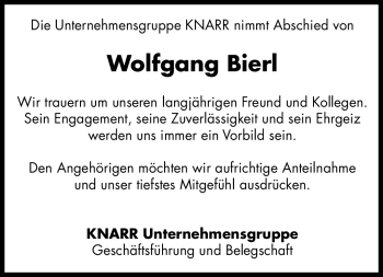 Traueranzeige von Wolfgang Bierl von Frankenpost