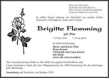Traueranzeige von Brigitte Flemming von Südthüringer Presse