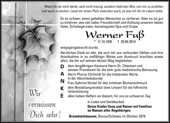 Traueranzeige von Werner Fuß von Südthüringer Presse