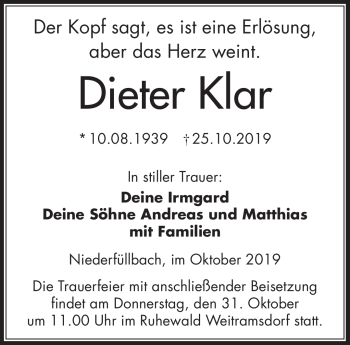 Traueranzeige von Dieter Klar von Neue Presse Coburg