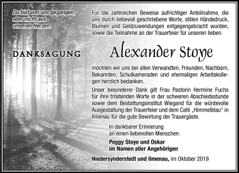 Traueranzeige von Alexander Stoye von Südthüringer Presse