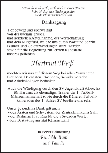 Traueranzeige von Hartmut Weiß von Südthüringer Presse