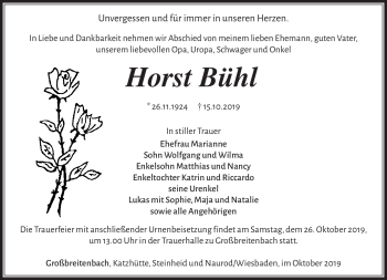 Traueranzeige von Horst Bühl von Südthüringer Presse