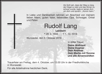 Traueranzeige von Rudolf Lang von Frankenpost