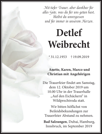 Traueranzeige von Detlef Weibrecht von Südthüringer Presse