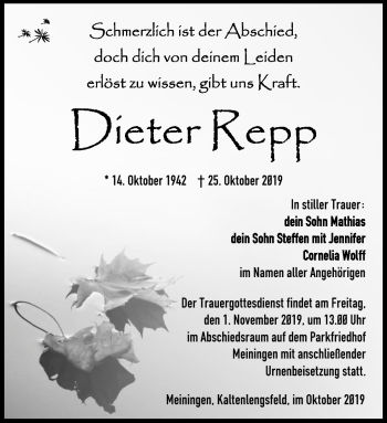 Traueranzeige von Dieter Repp von Südthüringer Presse