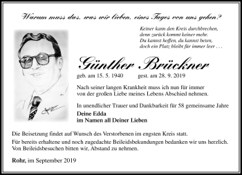 Traueranzeige von Günther Brückner von Südthüringer Presse