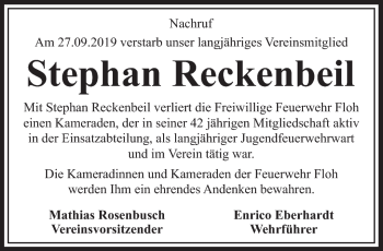 Traueranzeige von Stephan Reckenbeil von Südthüringer Presse