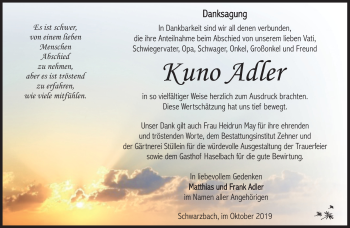 Traueranzeige von Kuno Adler von Südthüringer Presse