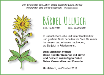 Traueranzeige von Bärbel Ullrich von Südthüringer Presse