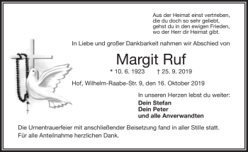 Traueranzeige von Margit Ruf von Frankenpost