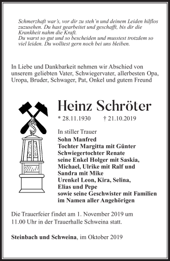 Traueranzeige von Heinz Schröter von Südthüringer Presse