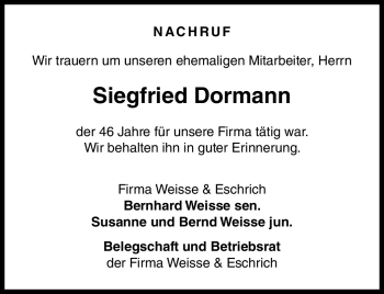 Traueranzeige von Siegfried Dormann von Neue Presse Coburg
