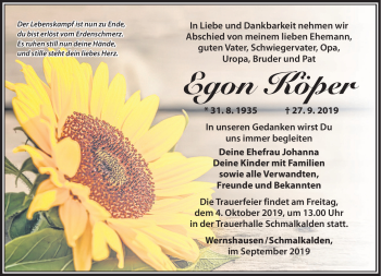 Traueranzeige von Egon Köper von Südthüringer Presse