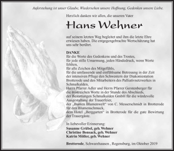 Traueranzeige von Hans Wehner von Südthüringer Presse