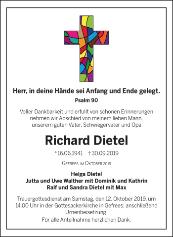 Traueranzeige von Richard Dietel von Frankenpost