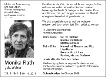 Traueranzeige von Monika Flath von Südthüringer Presse